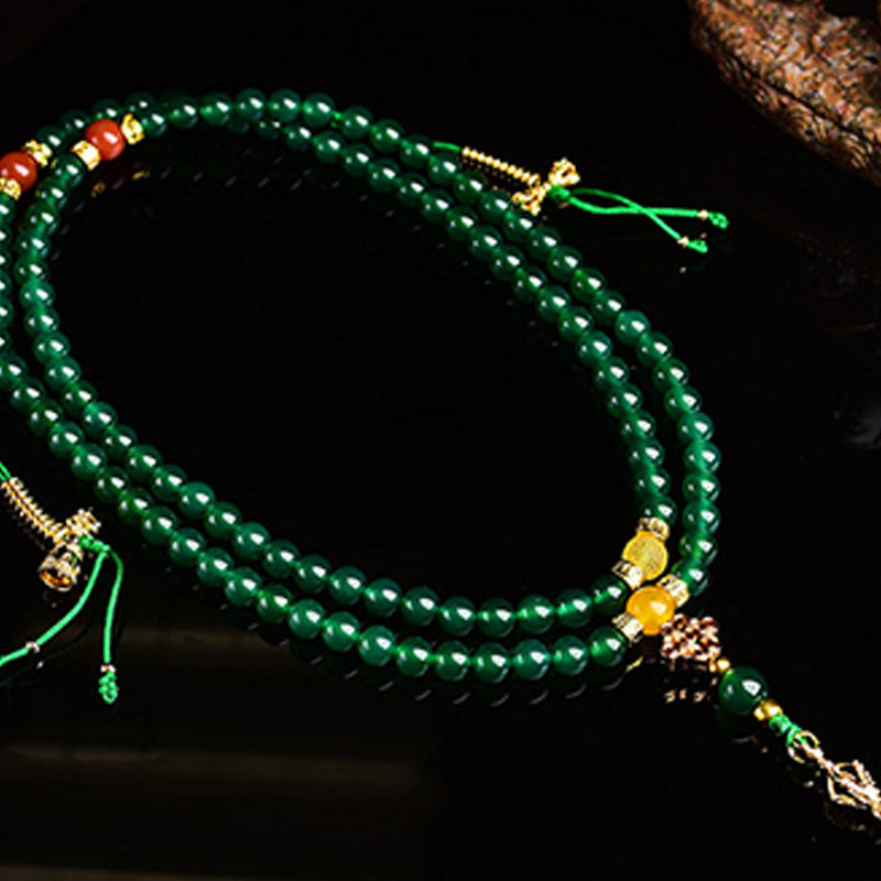 Buddha Stones 108 Perle Agata Verde Naturale Braccialetto Mala