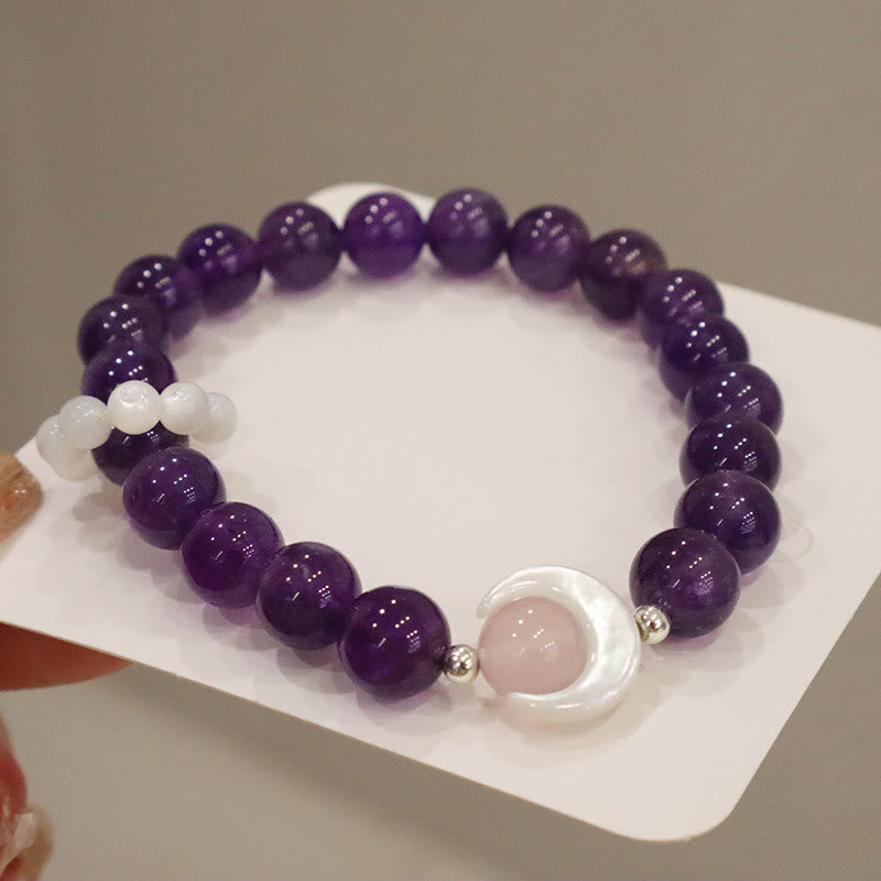 Braccialetto di Buddha Stones in argento sterling 925 con ametista naturale, acquamarina, cristallo rosa, occhio di gatto, guarigione, luna crescente