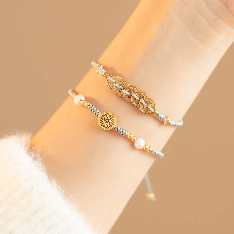 Braccialetto intrecciato con monete di rame, albero della fortuna, forza e Buddha Stones
