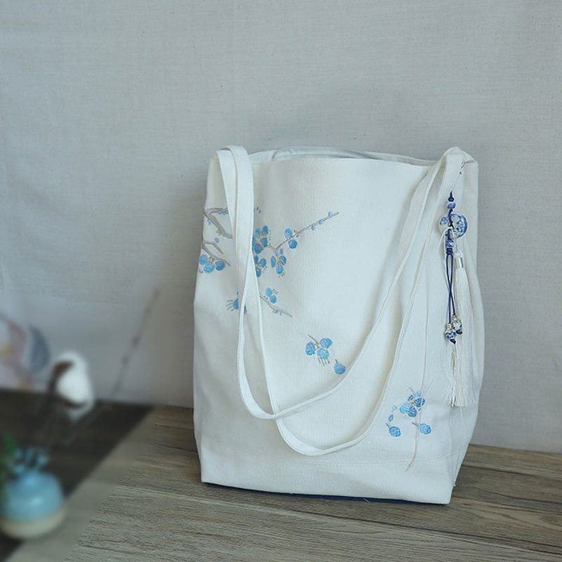 Buddha Stones Flower Crane Plum Blossom Ricamo Tela Grande Capacità Borsa a Tracolla Tote Bag