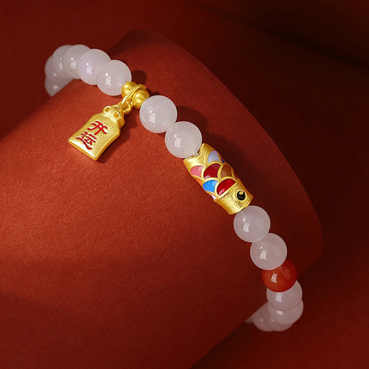 Bracciale Buddha Stones 925 Sterling Silver Hetian Giada Bianca Agata Rossa Koi Pesce Fortuna Felicità