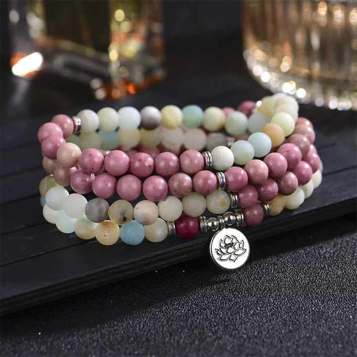 Buddha Stones Lazurite Picasso Jasper Amazzonite Rodonite Apatite Braccialetto di perline di preghiera di loto positivo