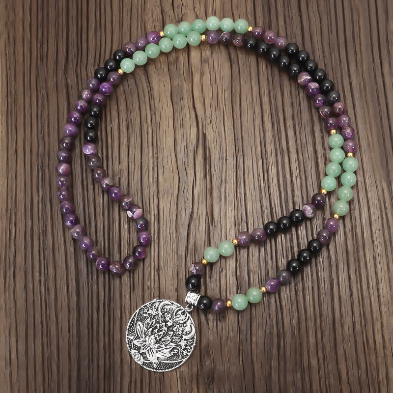 Buddha Stones 108 Mala Beads Ametista Verde Avventurina Loto Bracciale Meditazione - image 1