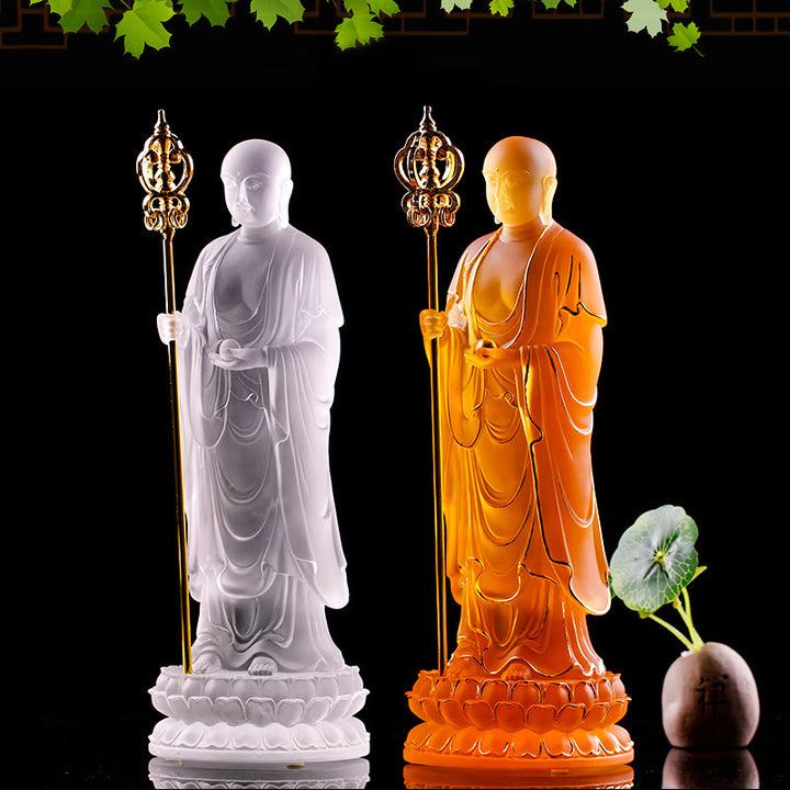 Buddha Stones fatte a mano Ksitigarbha Bodhisattva Figurina Liuli Cristallo Pezzo d'arte Statua della serenità Decorazione per la casa