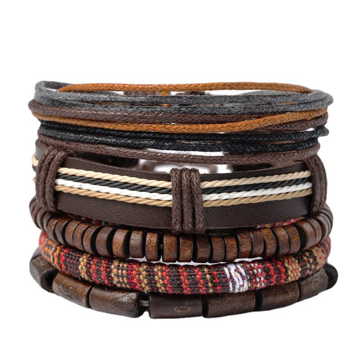 Bracciale in pelle con perline di legno e corde di canapa avvolte in Buddha Stones