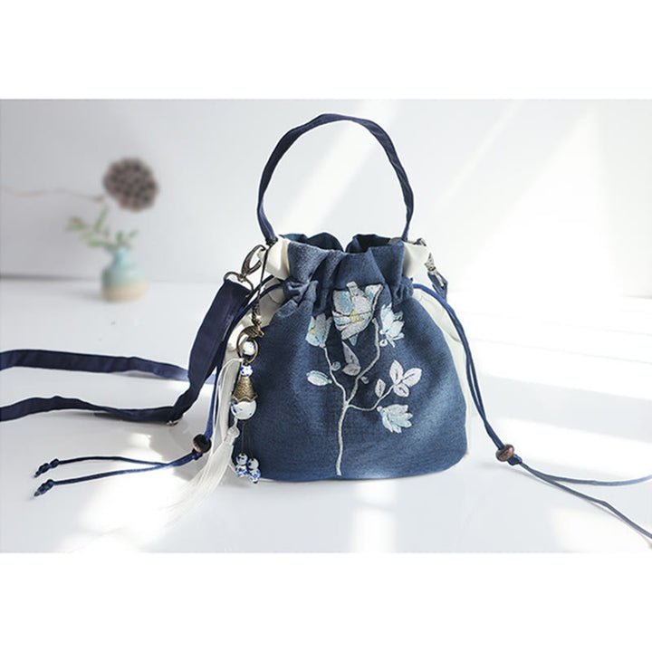 Borsa a tracolla in tela con fiori ricamati a mano con Buddha Stones