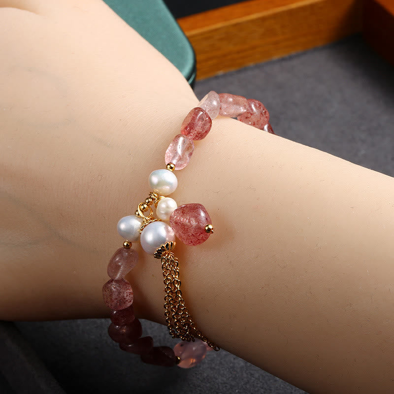 Braccialetto di guarigione dell'amore placcato in oro 14k con perle di quarzo fragola naturale