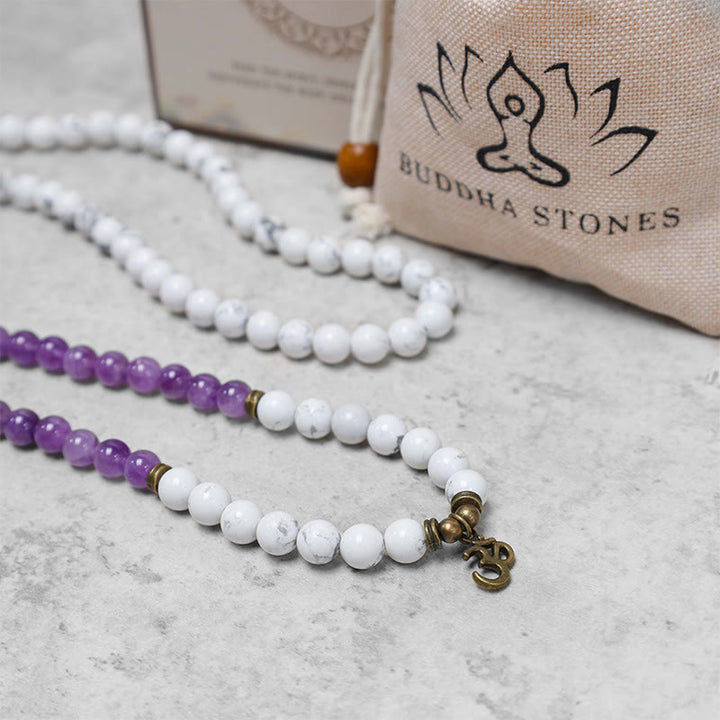 Buddha Stones 108 Mala Beads Ametista Bianco Turchese OM Braccialetto energetico per meditazione curativa