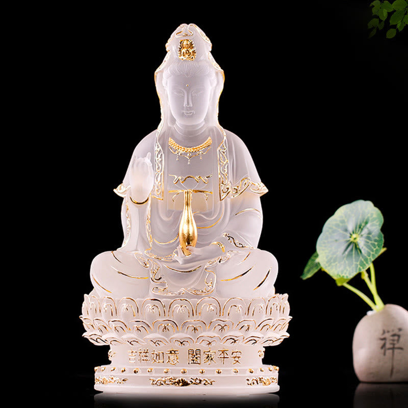 Buddha Stones Kwan Yin Avalokitesvara Figurina fatta a mano Liuli Cristallo Pezzo d'arte Statua della ricchezza Offerta per la casa Decorazione - 23cm Bianco e Oro - image 0