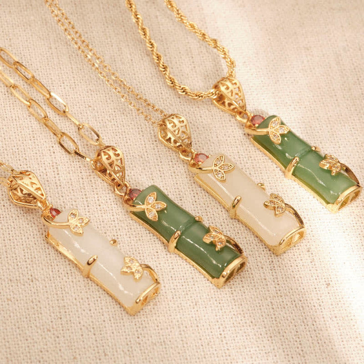 Collana con ciondolo di protezione dalla fortuna in bambù, giada bianca e giada ciano Buddha Stones