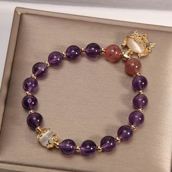 Braccialetto di guarigione con ciondolo cinese a forma di occhio di gatto, ametista naturale, quarzo fragola e Buddha Stones - image 2