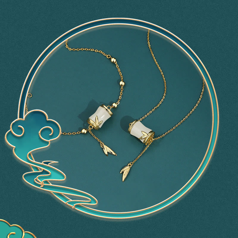 Buddha Stones 925 Sterling Silver 22K Oro Hetian Giada Bianca Foglia di Bambù Collana Pendente Bracciale Portafortuna
