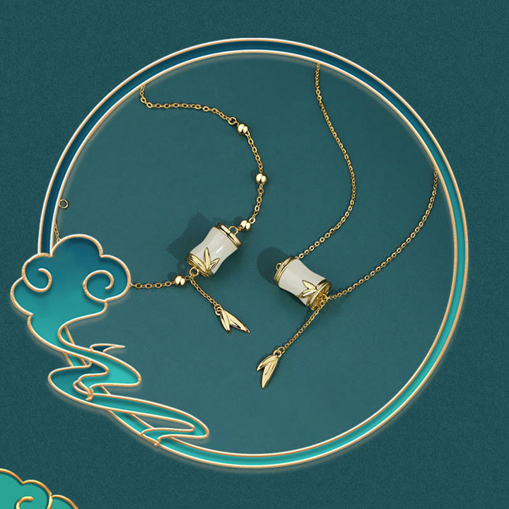 Buddha Stones 925 Sterling Silver 22K Oro Hetian Giada Bianca Foglia di Bambù Collana Pendente Bracciale Portafortuna
