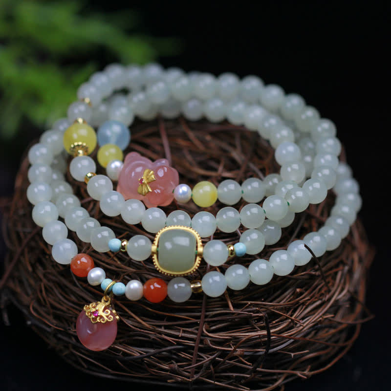 Braccialetto Buddha Stones Natural Hetian Jade Rosa Cristallo Pace Fibbia Felicità Abbondanza
