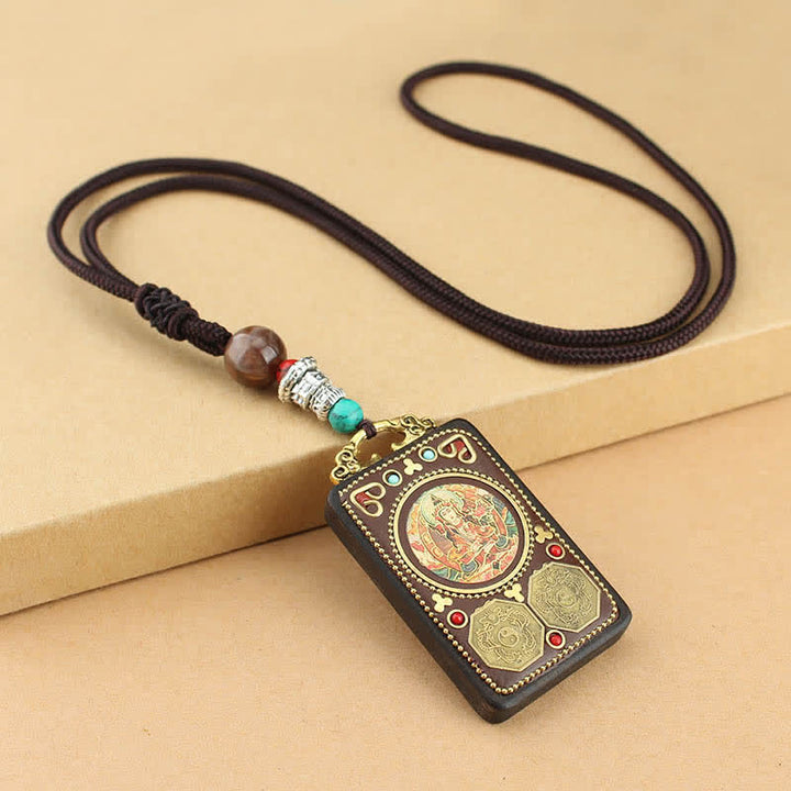 Buddha Stones Tibet Dio della Ricchezza Thangka Ebano Collana Pendente della Pace
