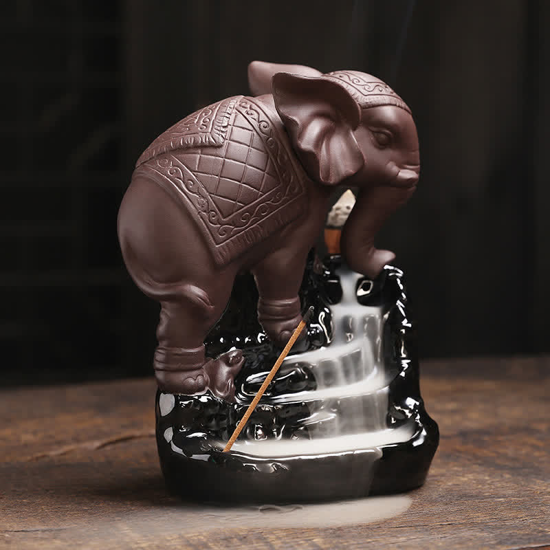 Decorazione bruciatore di incenso di guarigione della pace con fontana di fumo a riflusso in argilla viola elefante tibetano