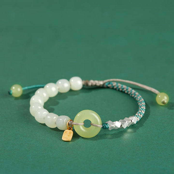 Braccialetto con ciondolo di fortuna e felicità con perline e fibbia della pace in giada Hetian in argento sterling 925 Buddha Stones
