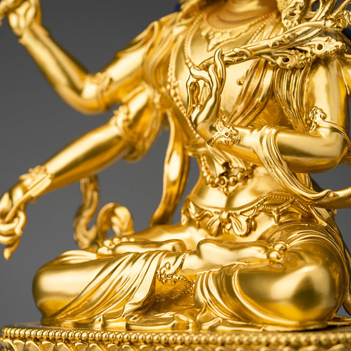 Statua in rame della compassione e serenità del Bodhisattva Manjusri a quattro braccia, statuetta in oro, decorazione per la casa