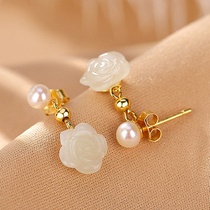 Orecchini Buddha Stones 925 Sterling Silver Placcato Oro Giada Rosa Fiore Ciano Giada Perla Fortuna