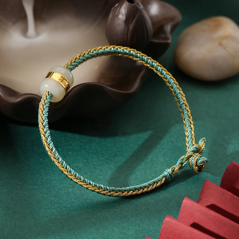 Bracciale intrecciato con carattere Om Mani Padme Hum Fu in giada bianca Hetian con Buddha Stones in oro 999