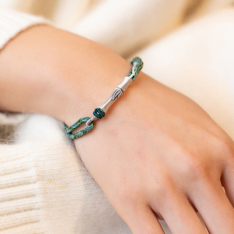 Braccialetto in argento sterling 925 con nodo di reincarnazione in bambù e corda di protezione dalla fortuna