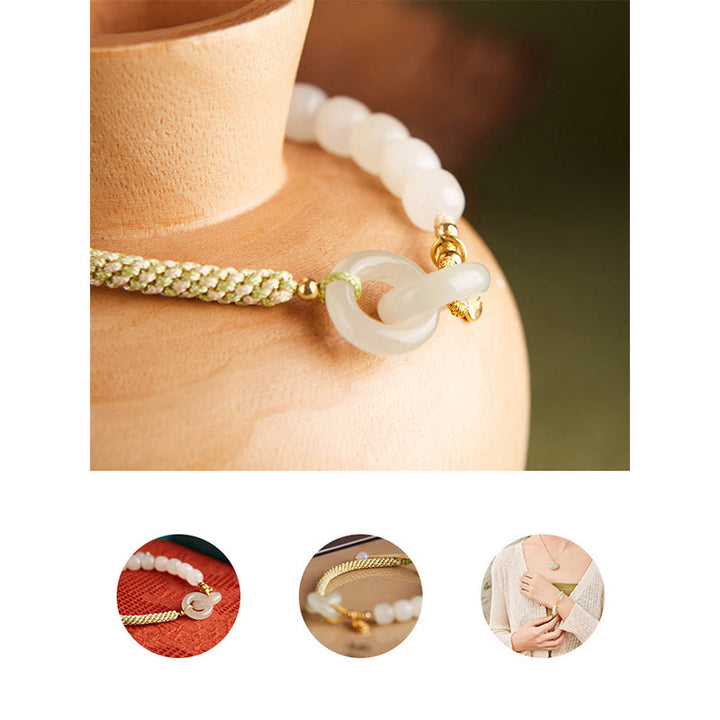Braccialetto intrecciato con perline di giada naturale Hetian Buddha Stones con fibbia a doppia pace Fu Character Abbondanza