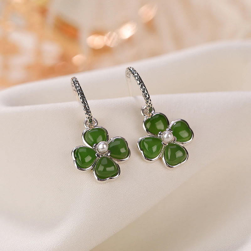 Orecchini Buddha Stones in argento sterling 925 con giada ciano naturale e quadrifoglio, fortuna e successo