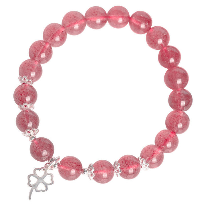 Bracciale Buddha Stones in argento sterling 925 con quarzo fragola e quadrifoglio, amore