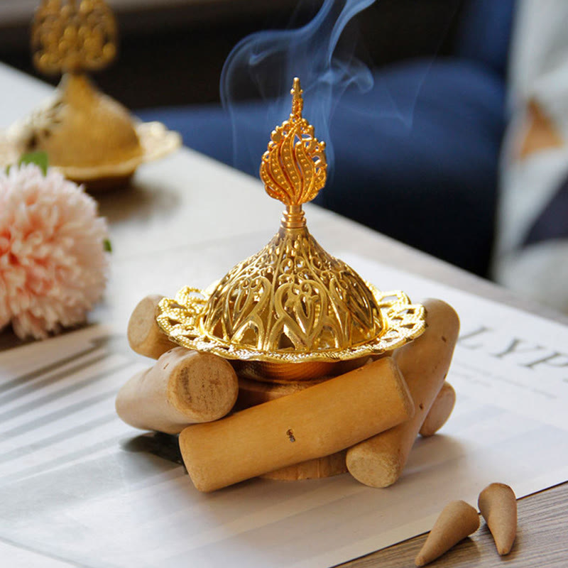 Mini bruciatore di incenso curativo in lega d'oro con sottobicchiere in legno, decorazione per la casa