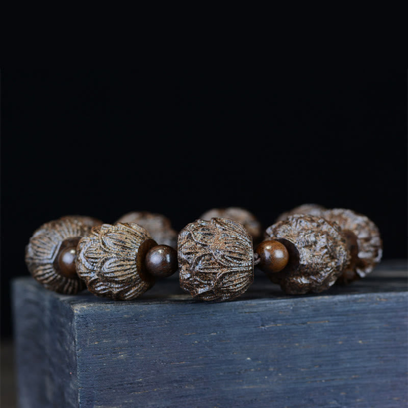 Braccialetto di equilibrio inciso Buddha Stones, legno di ebano, diciotto Arhat, drago di loto