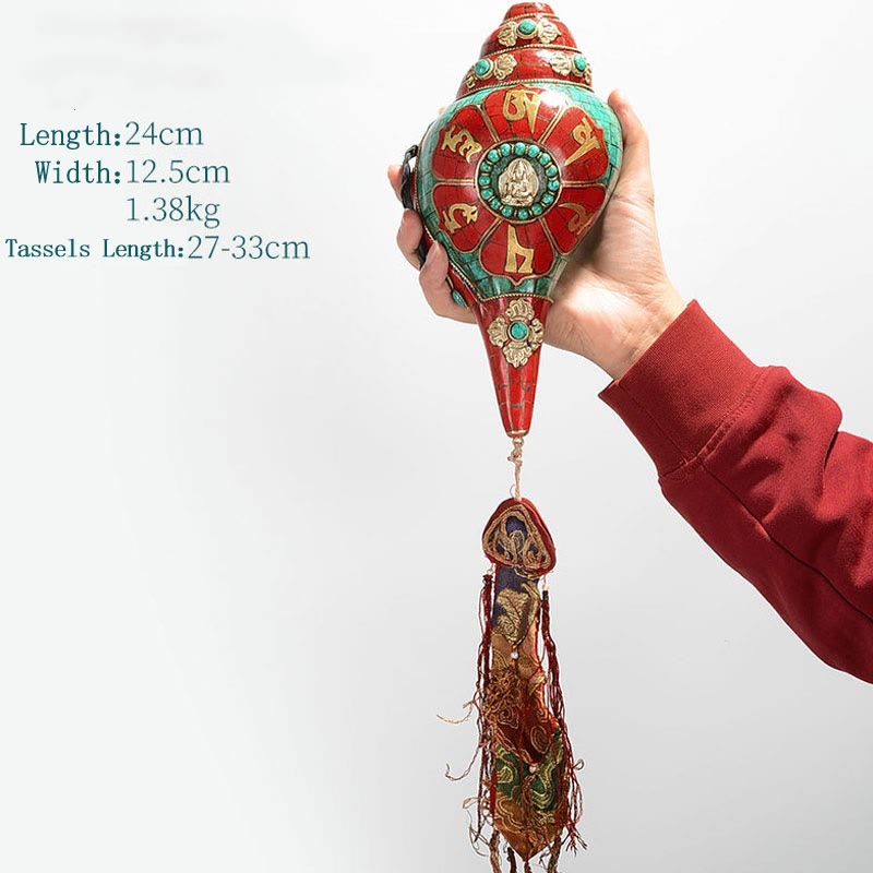 Shankha tibetano fatto a mano Om Mani Padme Hum Buddha Avalokitesvara Turchese Conchiglia Decorazione positiva