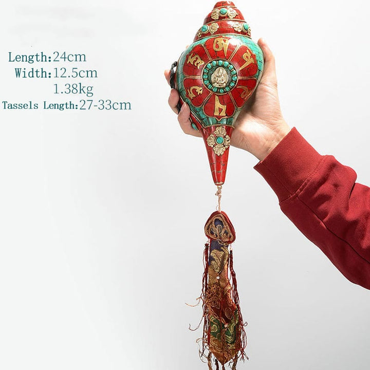 Shankha tibetano fatto a mano Om Mani Padme Hum Buddha Avalokitesvara Turchese Conchiglia Decorazione positiva