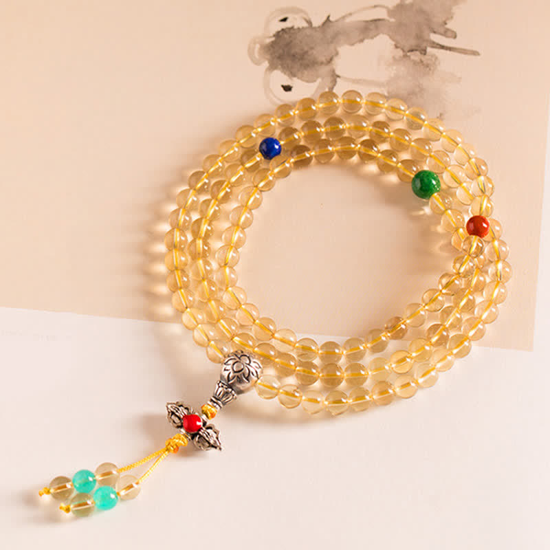 Braccialetto con ciondolo in argento sterling 925, 108 perline Mala, citrino naturale, agata rossa, ambra e piacere