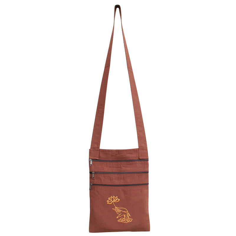 Borsa a tracolla in cotone ricamato con motivo a loto, pratica spirituale della mente - Borsa per la pratica spirituale con fiore di loto marrone - image 3