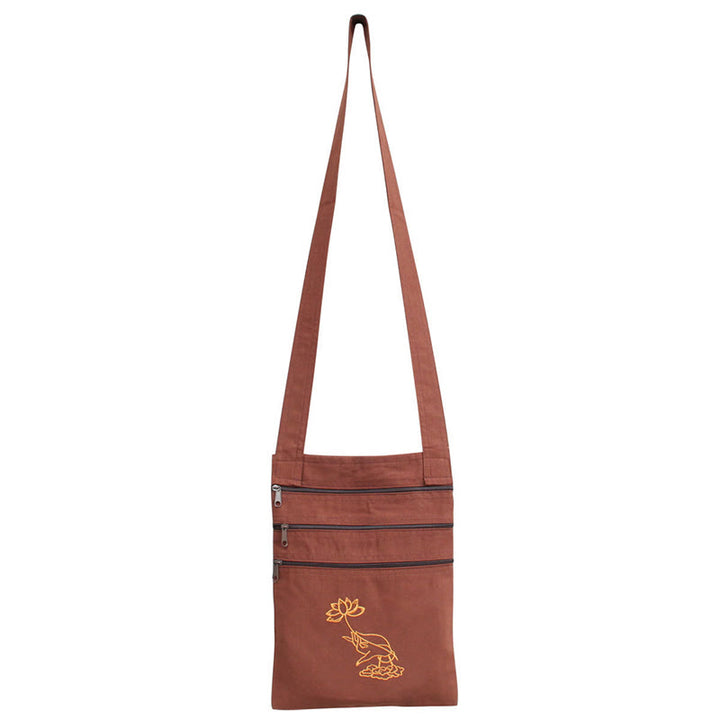 Borsa a tracolla in cotone ricamato con motivo a loto, pratica spirituale della mente - Borsa per la pratica spirituale con fiore di loto marrone - image 3