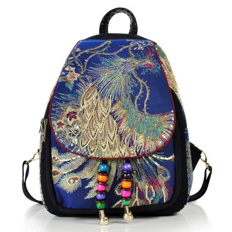 Zaino in tela con nappa e ricamo di pavone Buddha Stones