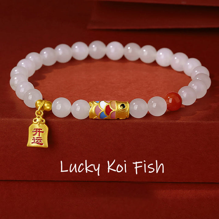 Bracciale Buddha Stones 925 Sterling Silver Hetian Giada Bianca Agata Rossa Koi Pesce Fortuna Felicità