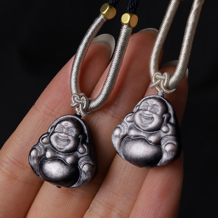Collana con ciondolo di protezione Buddha che ride in ossidiana naturale con Buddha Stones in argento - image 9