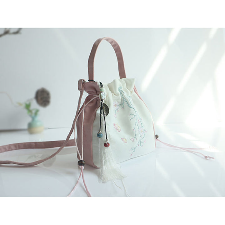 Borsa a tracolla in tela con fiori ricamati a mano con Buddha Stones