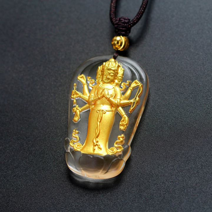 Buddha Stones Tibetano Otto Braccia Avalokitesvara Guanyin Buddha Placcato Oro Liuli Cristallo Ricchezza Collana Pendente