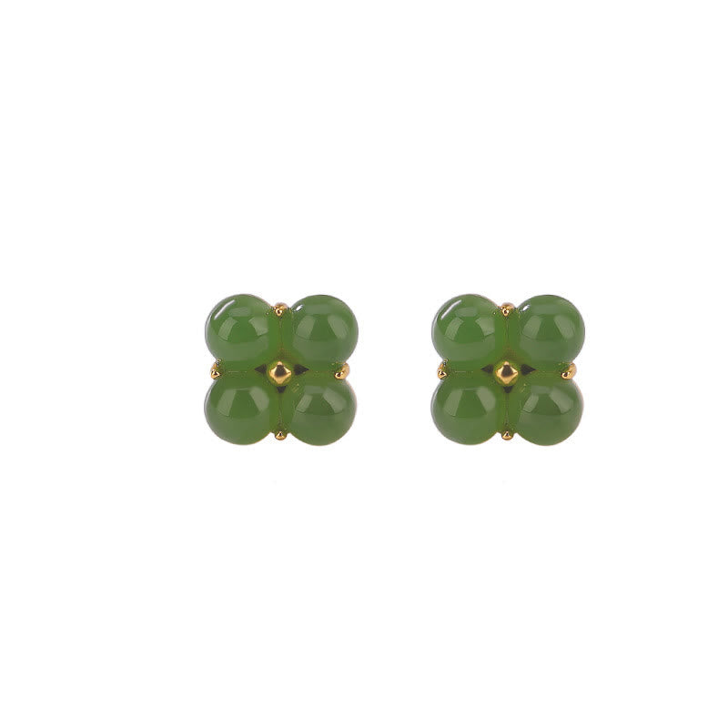 Orecchini a bottone con quadrifoglio e portafortuna in giada ciano naturale placcato oro e argento sterling 925 Buddha Stones
