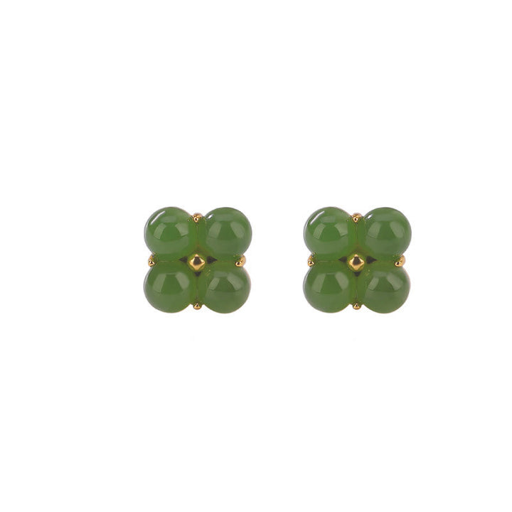 Orecchini a bottone con quadrifoglio e portafortuna in giada ciano naturale placcato oro e argento sterling 925 Buddha Stones