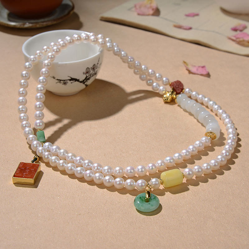 Braccialetto a quattro giri Buddha Stones in argento sterling 925 con perle, giada Hetian, agata rossa, doppia felicità, ambra e fortuna