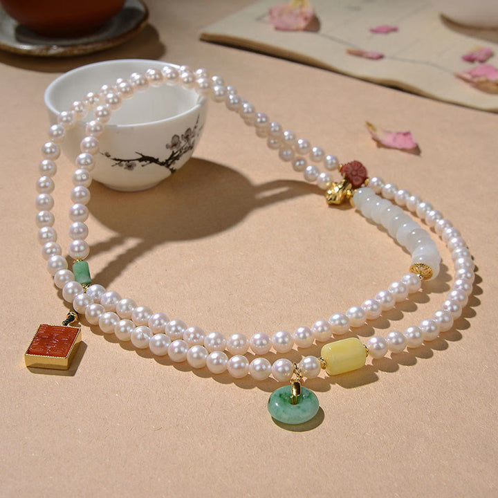 Braccialetto a quattro giri Buddha Stones in argento sterling 925 con perle, giada Hetian, agata rossa, doppia felicità, ambra e fortuna
