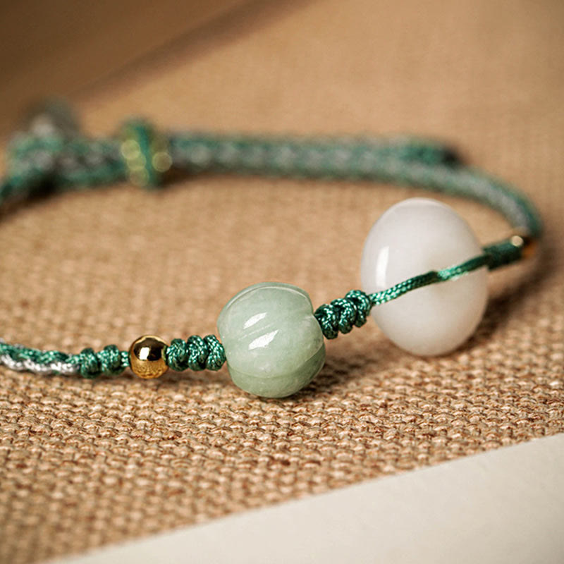 Bracciale intrecciato con perline di zucca, giada bianca, fibbia della pace, benedizione della fortuna, Buddha Stones