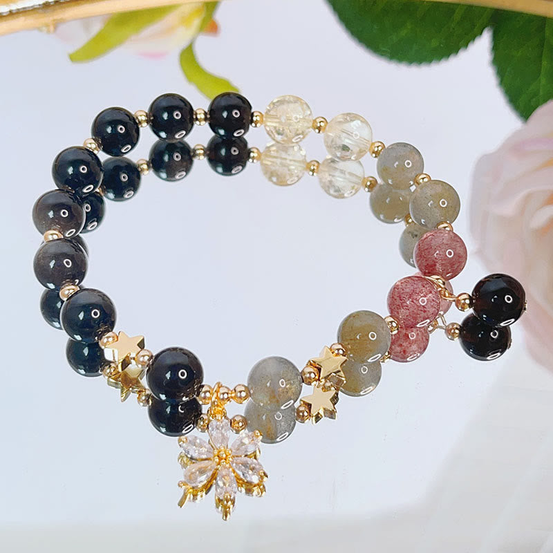 Braccialetto di protezione con cuore, stella e fiore in ossidiana naturale con Buddha Stones argento lucido