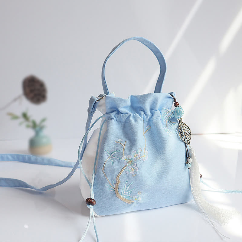 Borsa a tracolla in tela con fiori ricamati a mano con Buddha Stones - Bambù blu, bianco e prugna 20*20 cm - image 35