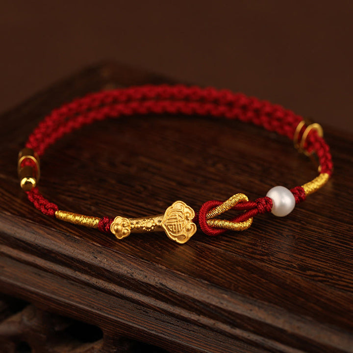 Buddha Stones 24K Oro Desiderio Ruyi Maniglia Fu Carattere Coniglio Perla Fortuna Bracciale Intrecciato - image 2