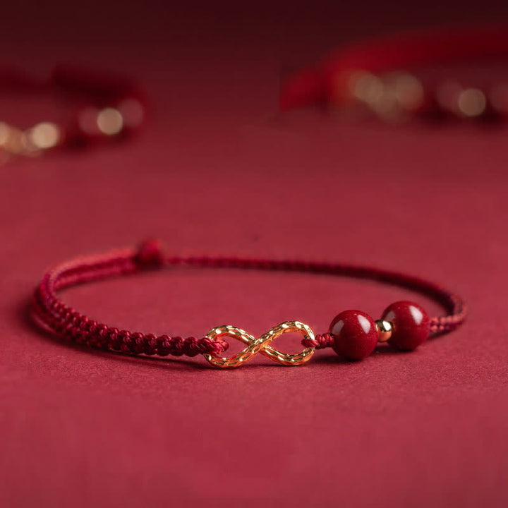 Buddha Stones Cinnabar Benedizione Rosso String 14K Oro Simbolo Infinito Bracciale Cavigliera