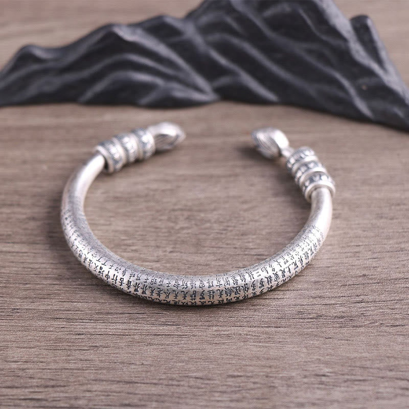 Buddha Stones 999 Sterling Silver Heart Sutra Om Mani Padme Hum Inciso Peace Purezza Bracciale Bangle - image 6